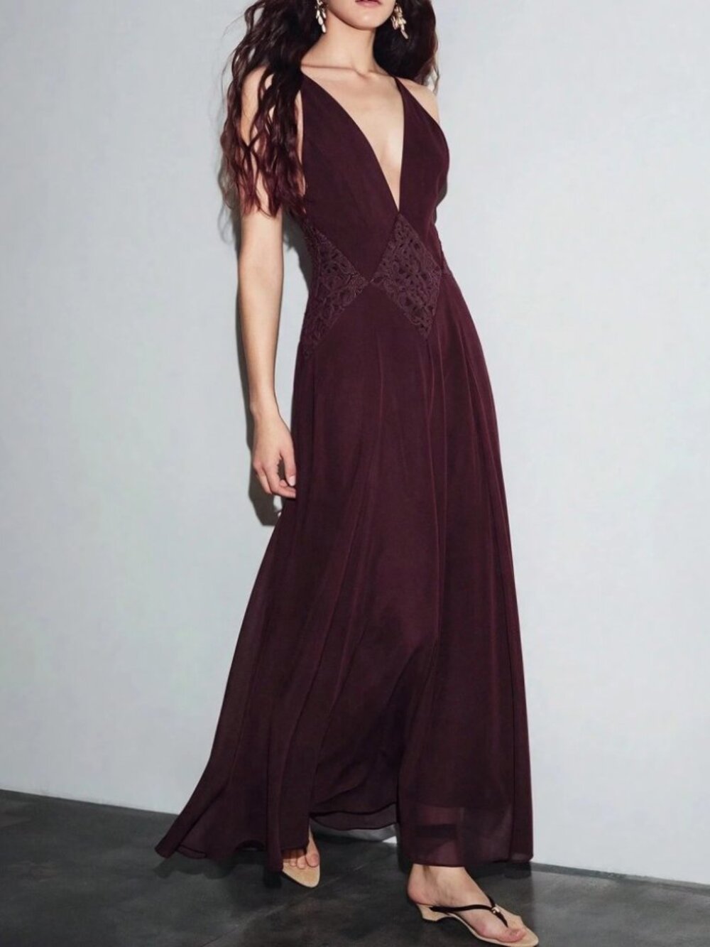 Plum Burgundy Deep V Neck Maxi Dress with Crochet Waist Detail